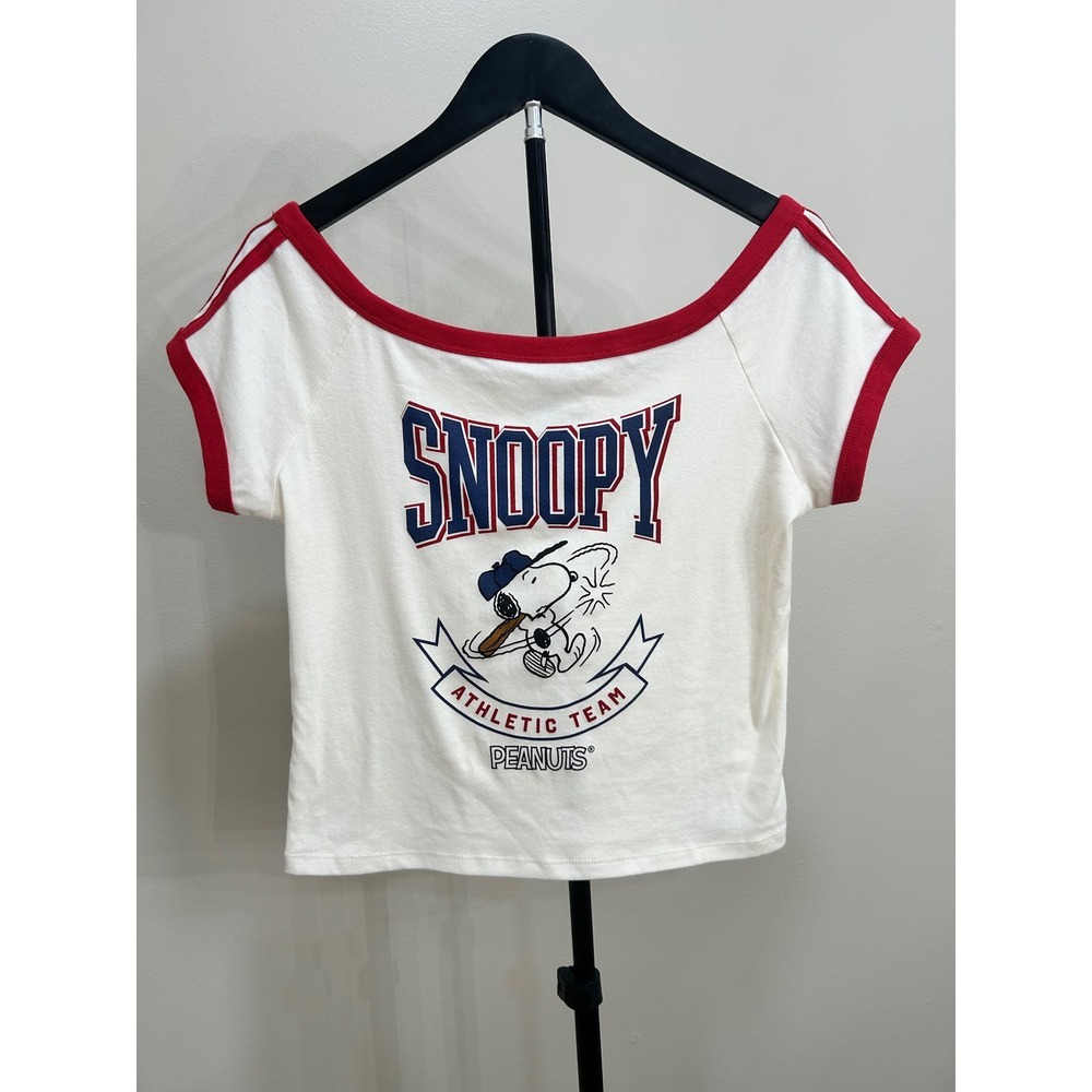 Peanuts Snoopy Athletic Team Ringer Crop Top White Red Large Hybrid Apparel
